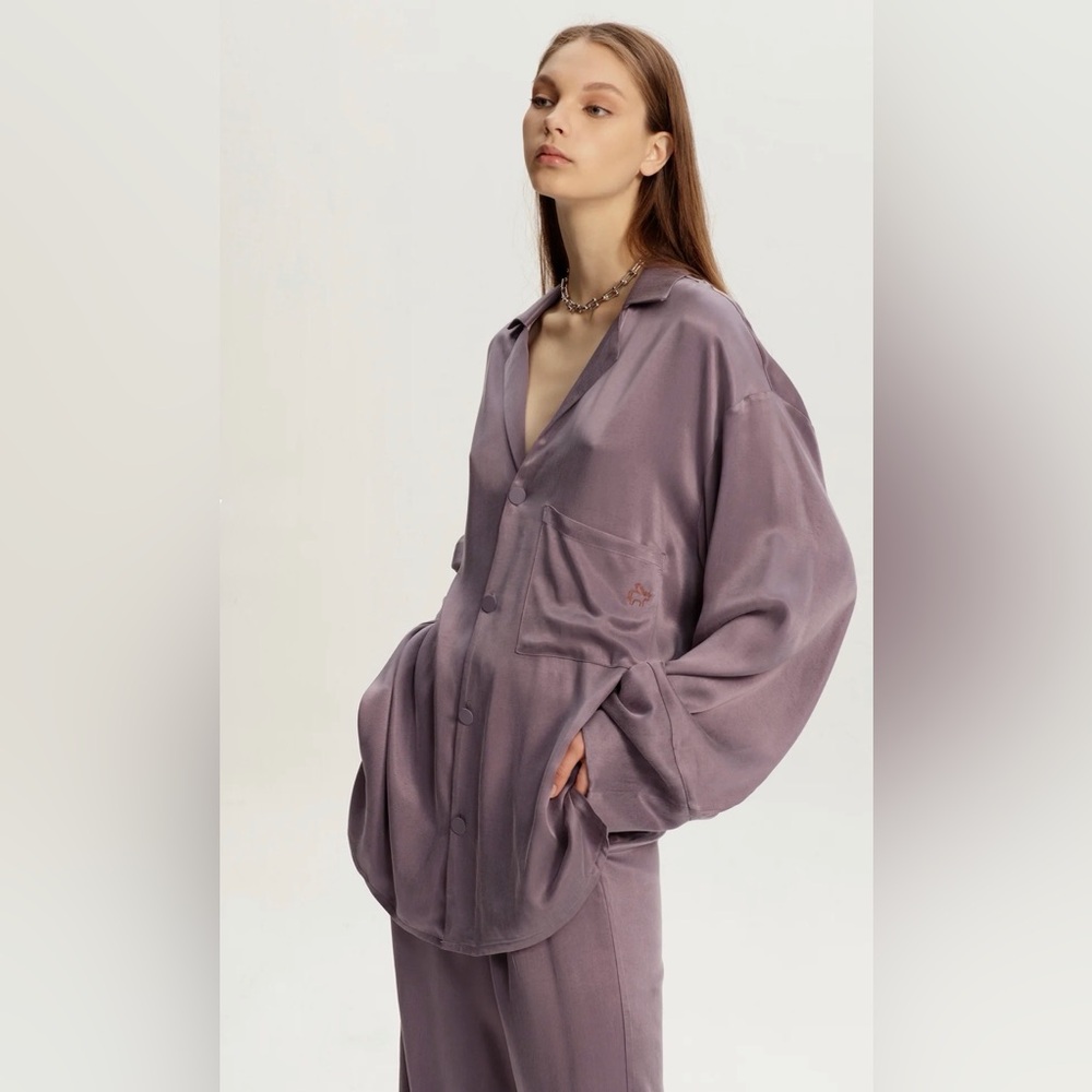 Purple Satin Button-Up Shirt Set